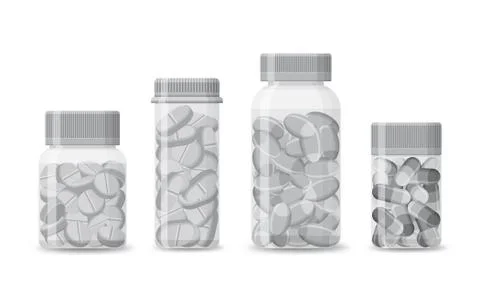 Set of blank bottles with pills isolated on a white background. Realistic med Stock Illustration