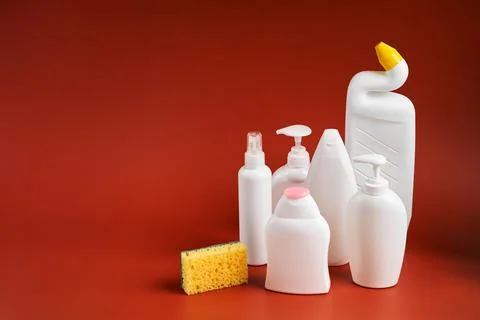 A set of blank clean white plastic containers of different shapes from househ Stock Photos