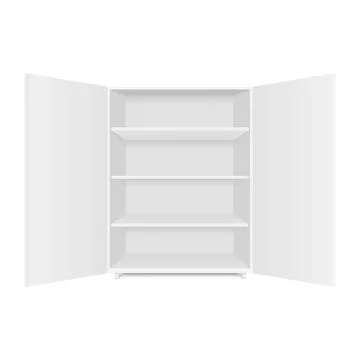 Set of blank empty showcases display with retail shelves. Front view. Vector Stock Illustration