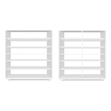 Set of blank empty showcases display with retail shelves. Front view. Vector Stock Illustration