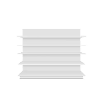 Set of blank empty showcases display with retail shelves. Front view. Vector Stock Illustration