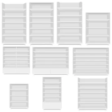 Set of blank empty showcases display with retail shelves. Front view. Vector Stock Illustration