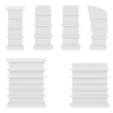 Set of blank empty showcases display with retail shelves. Front view. Vector Stock Illustration