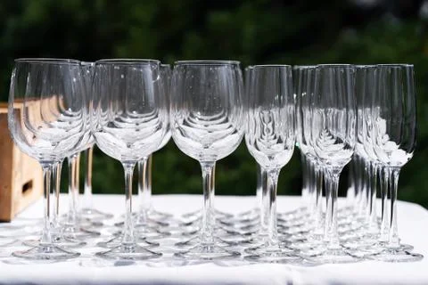 Set of blank empty wine glasses displayed in rows. Preparation for the holida Stock Photos