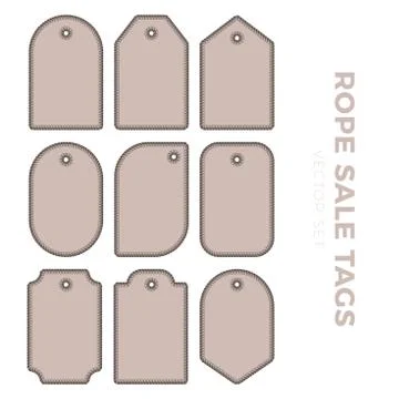 Set of blank gift tag labels for sale prices with rope outline. Rope frame St Stock Illustration
