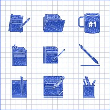 Set Blank notebook and pen, pencil with eraser, Pencil case stationery, line Stock Illustration