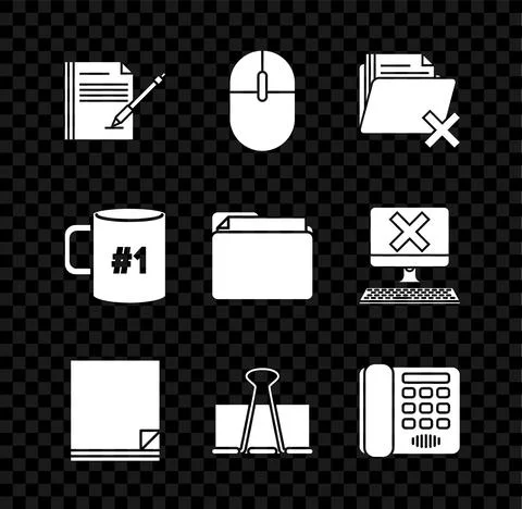 Set Blank notebook and pen, Computer mouse, Delete folder, File document, Binder Stock Illustration