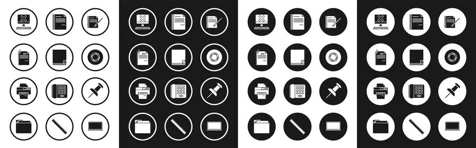 Set Blank notebook and pen, File document, paper clip, Computer with keyboard Stock Illustration