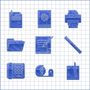 Set Blank notebook and pen, Scotch, File document, Ruler, Telephone, Document 스톡 일러스트