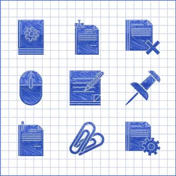Set Blank notebook and pencil with eraser, Paper clip, Document settings gears Stock Illustration