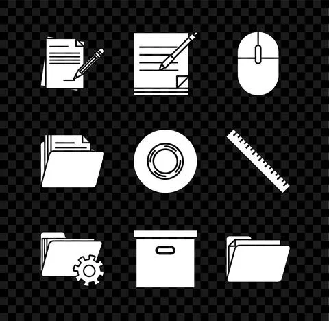 Set Blank notebook and pencil with eraser, Computer mouse, Folder settings gears Stock Illustration