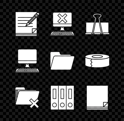 Set Blank notebook and pencil with eraser, Computer keyboard x mark, Binder clip Stock Illustration