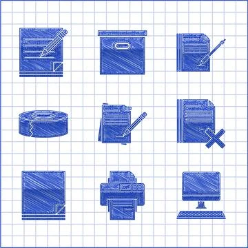 Set Blank notebook and pencil with eraser, Printer, Computer monitor keyboard Stock Illustration