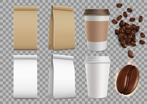 Set of blank package with coffee beans and paper mugs. Isolated Stock Illustration