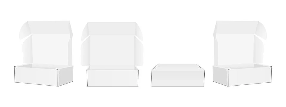 Set of Blank Packing Boxes, Opened, Closed, Front and Side View Stock Illustration