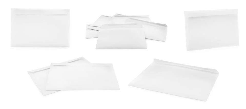 Set with blank paper envelopes on white background. Banner design Stock Photos
