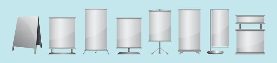Set of blank roll up banner display cartoon icon design template Stock Illustration