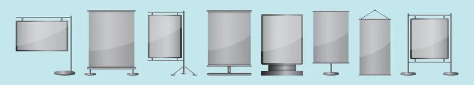 Set of blank roll up banner display cartoon icon design template Stock Illustration