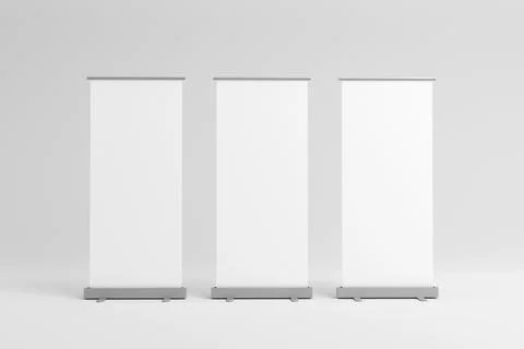 Set of blank roll-up, pop-up or pull-up banner stands. 3d render Stock Illustration