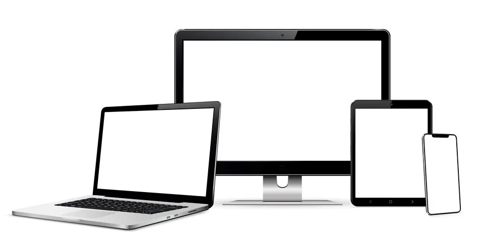 Set of blank screens with computer monitor, laptop, tablet, phone Stock Illustration