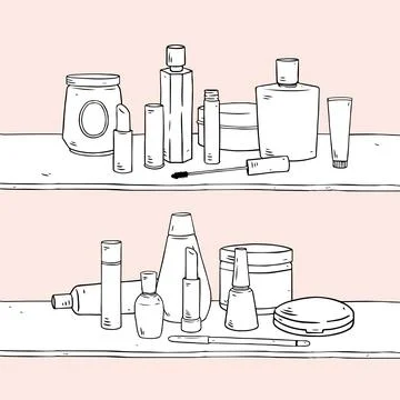 Set of blank template Make up Cosmetics hand drawn vector illustration on shelf 스톡 일러스트