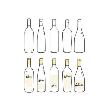 Set of blank template wine bottle hand drawn vector illustration. Stock Illustration