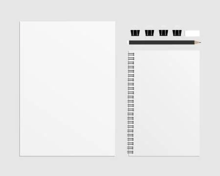 Set Of Blank Vector Include A4, Notebooks, Pencils, Eraser And Black Paper Clip. Stock Illustration