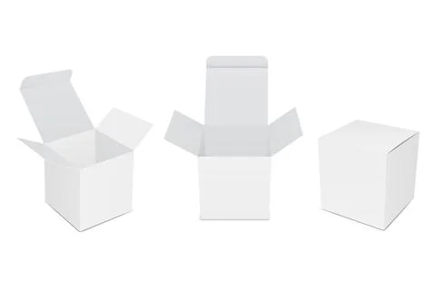 Set of blank white product packaging boxes, open and closed mockups Stock Illustration