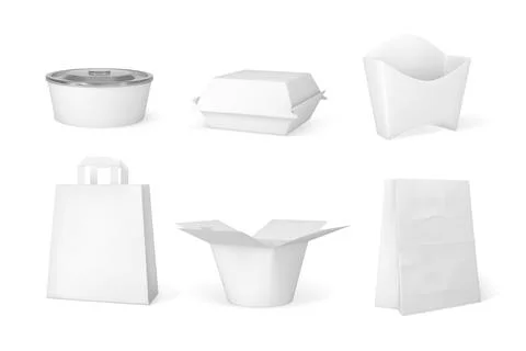 A set of blank white takeout packaging mockups, including fast food containers. 스톡 일러스트