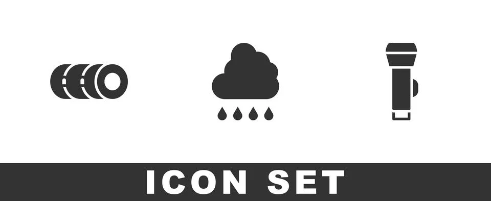 Set Blanket roll, Cloud with rain and Flashlight icon. Vector Illustrazione stock