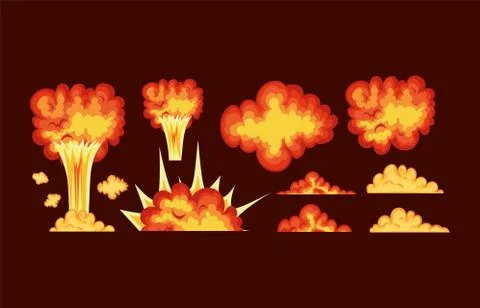 Set of blasts with fire clouds of orange, red and yellow color on a red Stock Illustration