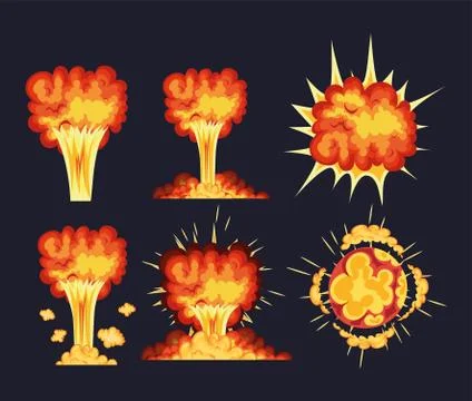 Set of blasts with fire clouds of orange, red and yellow color Stock Illustration
