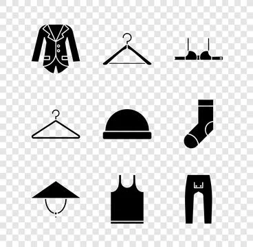 Set Blazer or jacket, Hanger wardrobe, Bra, Asian conical hat, Sleeveless T.. Stock Illustration