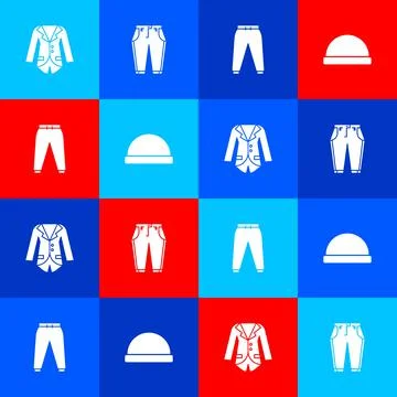 Set Blazer or jacket, Pants, Sport pants and Beanie hat icon. Vector Stock Illustration