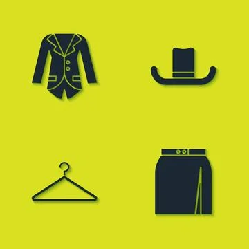 Set Blazer or jacket, Skirt, Hanger wardrobe and Man hat icon. Vector Stock Illustration