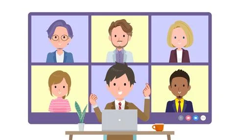 A set of blazer schoolboy having an online meeting with multiple people. Fr.. Illustrazione stock