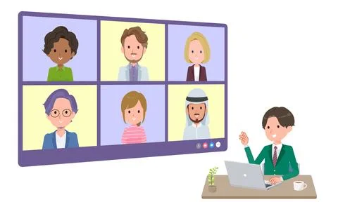 A set of blazer schoolboy having an online meeting with multiple people. pe.. Stock Illustration