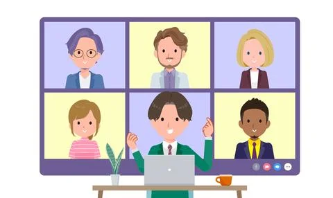 A set of blazer schoolboy having an online meeting with multiple people. Fr.. Stock Illustration