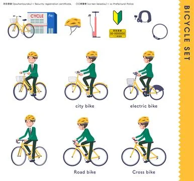 A set of blazer schoolboy riding various bicycles Stock Illustration