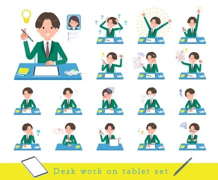 A set of blazer schoolboy studying on a tablet device Ilustración de archivo