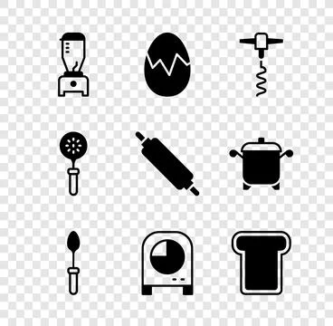 Set Blender, Broken egg, Wine corkscrew, Teaspoon, Kitchen timer, Bread toa.. Stock Illustration