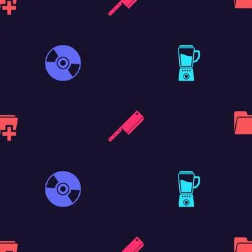 Set Blender, CD or DVD disk, Meat chopper and Add new folder on seamless pattern Stock Illustration