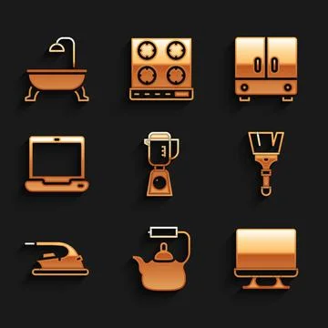 Set Blender, Kettle with handle, Smart Tv, Paint brush, Electric iron, Laptop Illustration