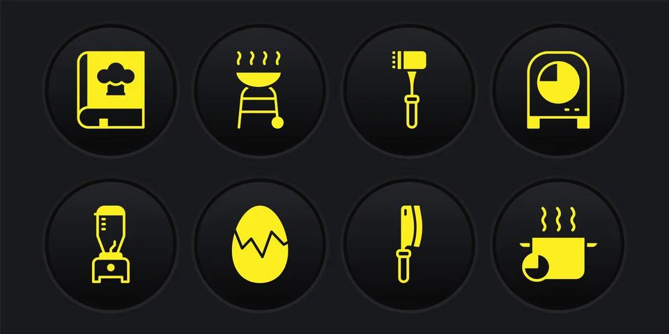 Set Blender, Kitchen timer, Broken egg, Meat chopper, hammer, Barbecue grill Stock Illustration