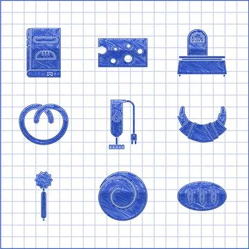 Set Blender, Roll bun with cinnamon, Bread loaf, Croissant, Pizza knife, Pretzel Stock Illustration
