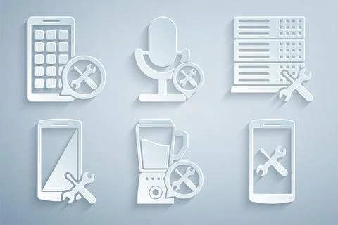 Set Blender service, Database server, Smartphone, Microphone and Mobile Apps Stock Illustration