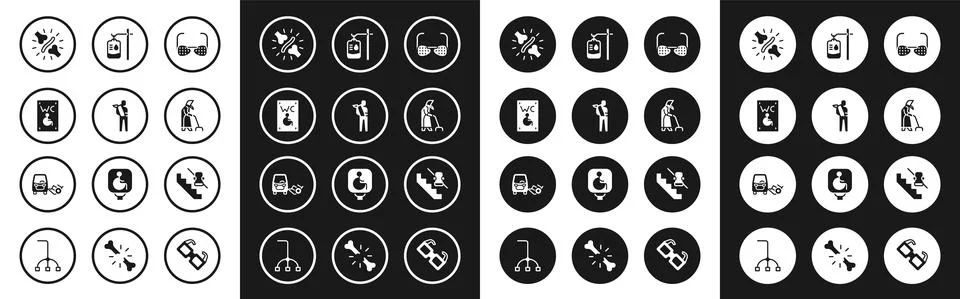 Set Blind glasses, Human broken arm, Separated toilet for disabled, Joint pain Stock Illustration