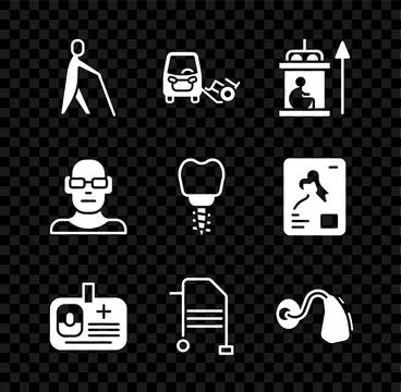 Set Blind human holding stick, Disabled car, Elevator for disabled, Identif.. Illustrazione stock