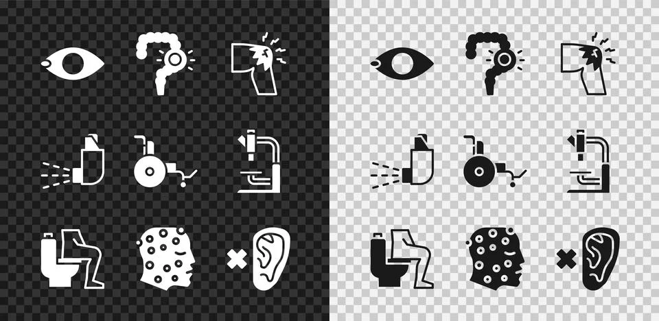 Set Blindness, Gut constipation, Joint pain, knee pain, Constipation, Psori.. Stock Illustration