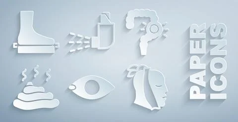 Set Blindness, Gut constipation, Shit, Toothache, Inhaler and Flat foot icon. Stock Illustration